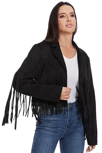 Fahsyee Women's Fringe Leather Jackets - Suede Faux Motocycle Biker Cropped Coat Vegan Blazer Pleather Fashion Tassel S-XXL4