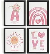 DSHFG Pink Kids Room Wall Art Decor, Boho Kids Wall Art Initial Wall Decor Prints Set of 4, Sun R...