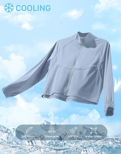Soothfeel Women's Athletic workout Jacket Lightweight UPF 50+ Long Sleeve Sun Protection Shirts Zip Up Cropped Hiking Tops (Light Grey, L)