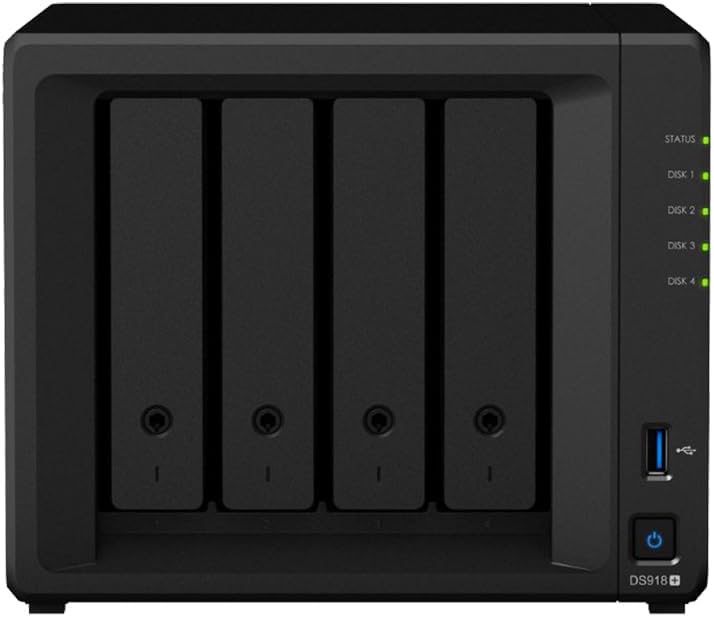 DiskStation DS918+ NAS Server para empresas con CPU Celeron, memoria de 8 GB, almacenamiento SSD de 4 TB, sistema operativo DSM de Synology