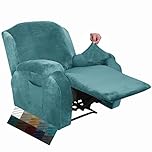 CHELZEN Velvet 4 Piece Recliner Cover Stretch Soft Cover for Recliner Chair Thick Soft Recliner Chair Slipcover (Recliner, Peacock Blue)