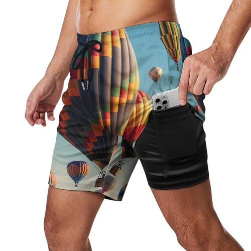 Mens Swim Trunks with Compression Liner Quick Dry Swim Shorts Colorful Hot Air Balloon Bathing Suits Beach Shorts