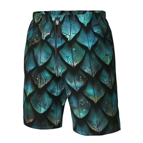 Men's Quick Dry Swim Shorts Dragon Scales Dark Blue Green Fantasy Style Beach Trunks with Pockets4