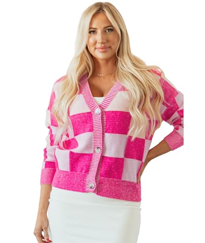 Wolddress Women's Sweater Pink Checkered Drop Shoulder Buttoned V Neck Long Sleeve Casual Plaid Cardigan