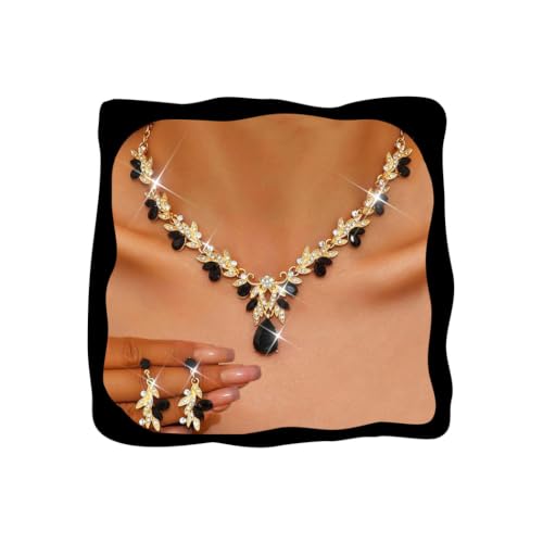 Unicra Rhinestone Bridal Wedding Jewelry Sets Gold Necklace Earrings Set Leaf Prom Formal Costume Jewelry Set for Women and Brides (Black Gold)