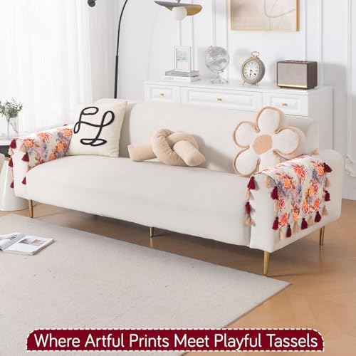 Image of HOKIPO Premium Sofa Armrest Cover (1 Pair) | Printed Holland Velvet with Tassels | 'Whispers of Nature' Vintage Rose Bloom (IN-1115-D12*2SM)