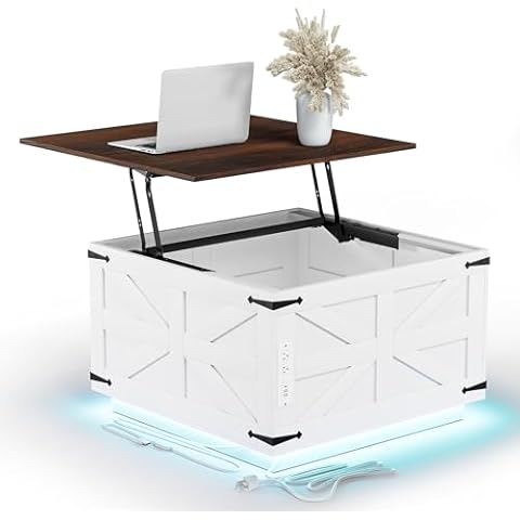 Lift Top Coffee Table with Storage Farmhouse Square Rustic Center Table for Living Room, LED Lights, Charging Station, Hinged Soft Close, Large Hidden Storage, Modern, Metal Corner, White Wood Cover