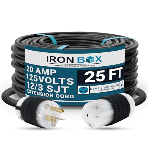 IronBox Electric NEMA 5-20P to 5-20R Extension Cord - 20A, 125V, 12/3 SJT - Heavy Duty Outdoor Generator Cords & Plugs - UL Listed Extension Cable for Data Centers, Camper & More (25 ft, Custom Built)