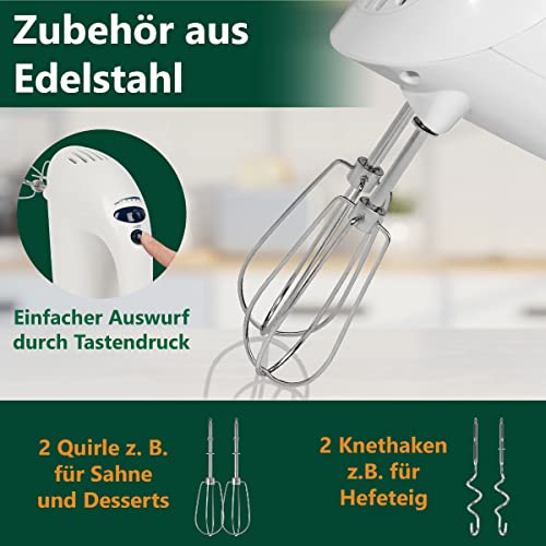 Foto von Clatronic elektrischer Handmixer | 250 Watt Motor | 5 Geschwindigkeitsstufen | Auswurftaste | robuste Edelstahlquirle und -knethaken | Spülmaschinengeeignet | HM 3014 weiß