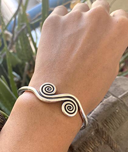 Sterling Silver Boho Cuff Bracelet with Spirals and Symbolic Engravings, Adjustable Handmade Engraved Ethnic Tribal Rounded, for Women (M-L) or Men (S-M)3