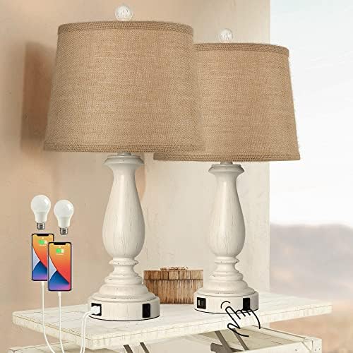 3 Way Dimmable Touch Lamps for Bedrooms Set of 2, Bedside Lamps with USB Ports and AC Outlet, Rustic Table Lamps for Living Room End Tables, Resin Nightstand Lamp with Drum Shade, Two Bulbs Included