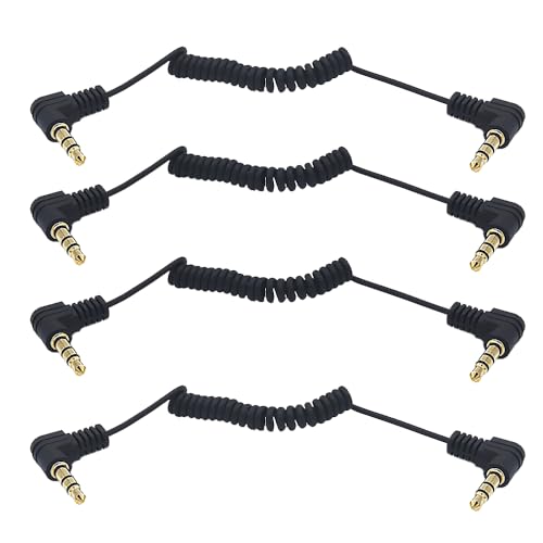 MysRuida 3.5mm Jack Audio Coiled Cable 12 Inch Max, 4 Pack, OD 1.5MM, Right Angle 1/8' 3.5mm TRS Stereo Male Spring Spiral Aux Cord for Headphone, MP3, Speakers, Car Stereo