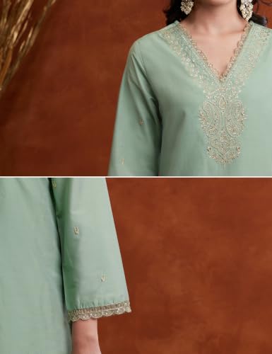 Image of Amazon Brand - Myx Women's V Neck Embroidered Kurta Set With Dupatta | Salwar Suit Set (Available In Plus Sizes)