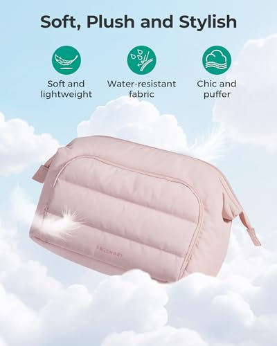 BAGSMART Makeup Bag Travel Toiletry Bag, Puffy Padded Make Up Bags for Women, Makeup Organizer Wide-open Pouch Purse, Travel Essentials for Toiletries Accessories Brushes, Camel(Brown)4