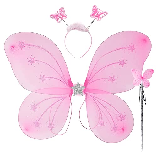 Rozi Decoration Butterfly fairy Angel Wing, Wand and Headband Costume for Girls Kids Angel for Party Set of 3 Items,Satin Cloth(Pink)