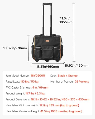 Image of VEVOR 18 inch Rolling Tool Bag, 110lbs Load Capacity, 25Pockets Heavy Duty Roller Tool Bag w /Adjustable Telescoping Handle & Stable Base, Toolbag Organizers with Wheels for Electrician, Construction