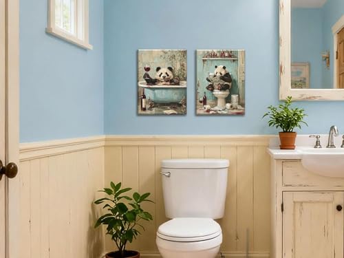 Image of Frimeeme Framed Panda Bathroom Wall Art Set of 2,12x16 Inch | Cute Panda on Toilet and in Bathtub Wall Decor Paintings for Bathroom Restroom