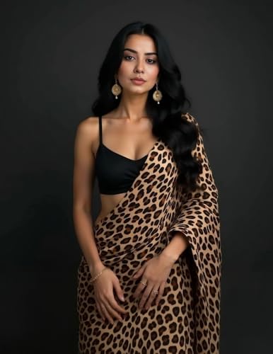 Image of StyleScope Women's Tiger Digital Printed Japan Satin Saree With Unstitched Blouse Piece (Tiger Multicolour Free Size)