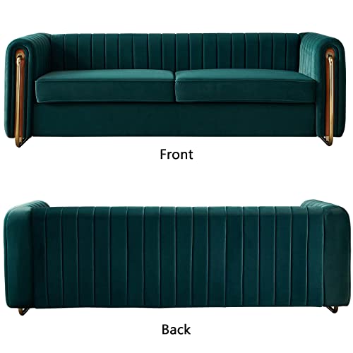 Image of Dolonm Modern Velvet Sofa for Living Room, 84 Inches Long Upholstered Sofa Couch with High Armrest and Metal Legs Decor Furniture for Bedroom, Office (Green)