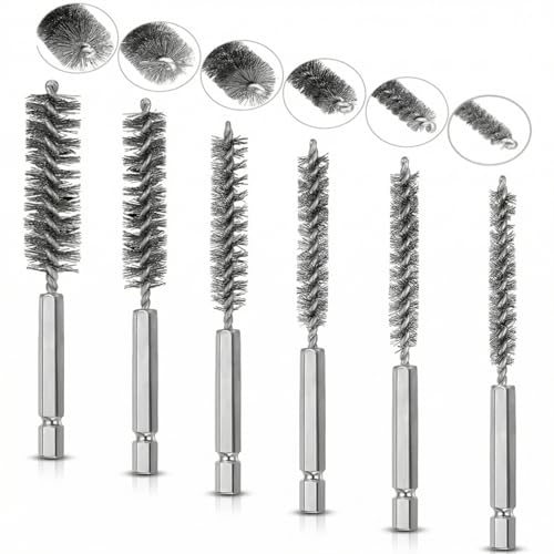 6 PCS Stainless Steel Wire Bore Brush Set 1/4 Hex Shank Bore Brush for Drill Twisted Wire Cleaning Brush 8/10/12/15/17/19mm for Rust Removal & Pipe Tube Cleaning