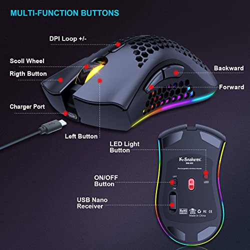 Hetoetf Lightweight Wireless Gaming Mouse, 2.4G Wireless Rechargeable Computer Mouse With Honeycomb Shell, 7 Buttons, Adjustable Dpi, Usb Receiver, Ergonomic Rgb Gamer Mice For Pc Mac Gamer(Black) 1 #TOP5