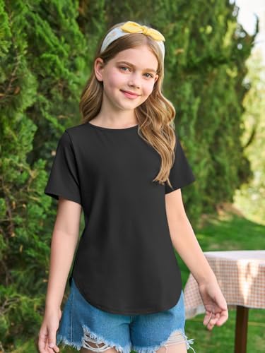 Image of Haloumoning Girls Summer Short Sleeve Shirt Kids Crewneck Curve Hem Soft Tunic Tops T-Shirts 5-14 Years