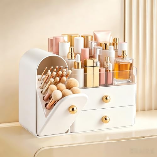 Image of HBlife Makeup Organizer Countertop with Drawers, Vanity Organizers with Brush Holder, Bathroom Counter Organizer for Perfume, Nail Polishes, Lipsticks, Skincare and Eyeshadow Palettes, White and Gold