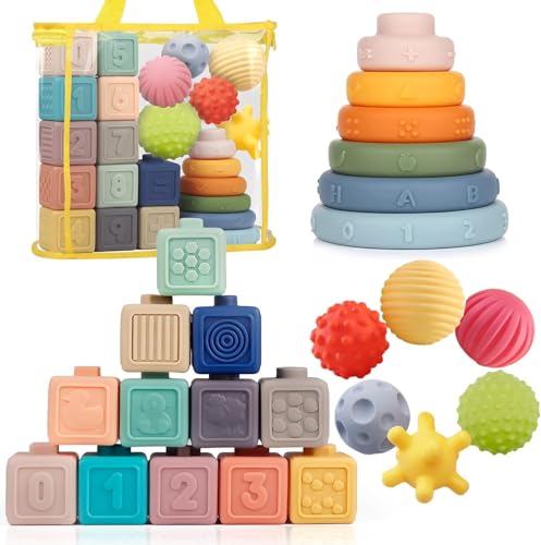 Image of Weilim Montessori Toys Soft Stacking Building Blocks Rings Balls Sets 3 in 1 Baby Toys Bundle for Babies Sensory for Toddlers Teething Bath for Infants Learning Education Toy