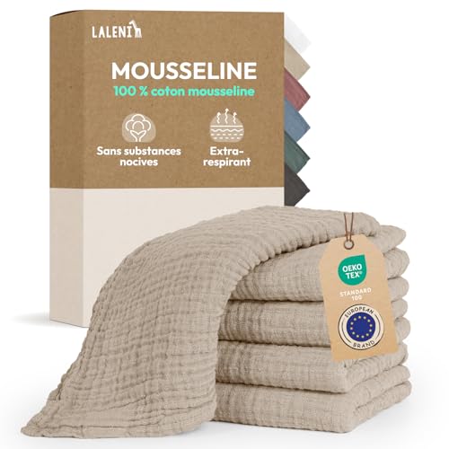 Laleni Lot de 20 Lange Bebe 70x70 - Langes Coton bébé Haute qualité 100% Coton Multi-Usage - Gaze de Coton mousselines très absorbantes - debarbouillette Bebe Lavable - Carre Coton Bebe - Beige