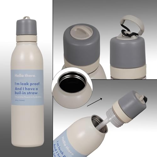 Image of Sports Water Bottle 24oz Leak Proof Stainless Steel Bottle with Built-In Straw Lid, BPA Free Reusable Drinking Bottle with Carry Loop for Gym Workout Travel Office (Ivory, 720 ml)
