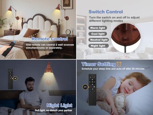Image of GOODATE 1 Pack Plug in Wall Sconce with Remote, Dimmable, Adjustable Colors, Swing Arm Wall Lamp, Plug in Wall Light with Timer & Night Light (Walnut Finish, with Bulb+Remote)