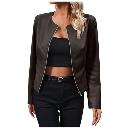 Generisch Veste de moto en cuir pour femme - Grande taille - Veste de printemps en cuir synthétique - Manteau de moto - Veste bomber en cuir, café, L