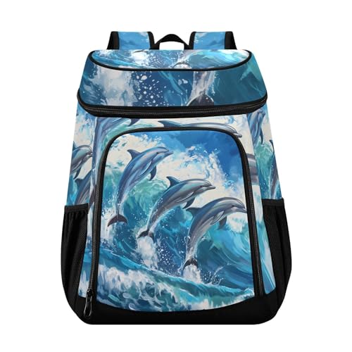 Dolphins Jumped Blue Ocean Cooler Backpack Cooler Insulated Leak Proof Lunch Backpack 36 Cans Waterproof Soft for Men Women Picnic Hiking Camping Beach