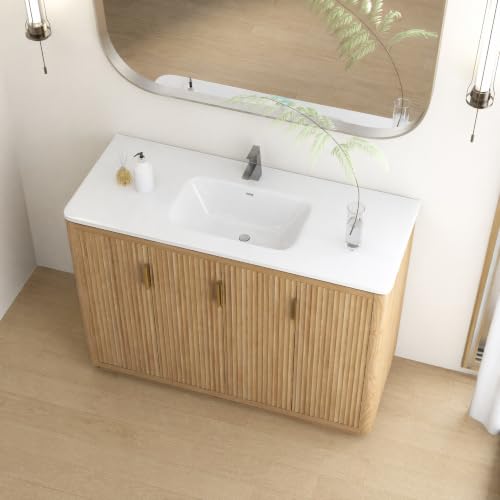 Image of 48 Inch Freestanding Bathroom Vanity with Ceramic Sink, Striped Vanity Cabinet with Four-Door Storage & Gold Pull Handles, Natural Wood
