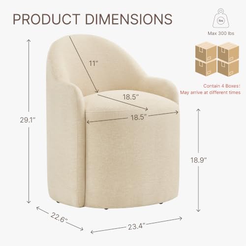 Image of KISLOT Upholstered Dining Chairs with Casters, No Assembly Modern Dining Room Chairs Accent Vanity Chair with 5 Wheels & Round Backrest for Bedroom, Living Room, Dressing, Sand Fabric, Set of 4