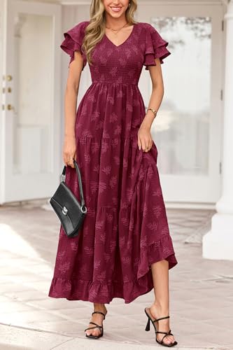 dowerme Maxi Dresses for Women 2026 Summer Ruffle Sleeve V Neck Smocked A Line Floral Boho Tiered Sundress Spring Outfit(Burgundy,XX-Large) — view 4