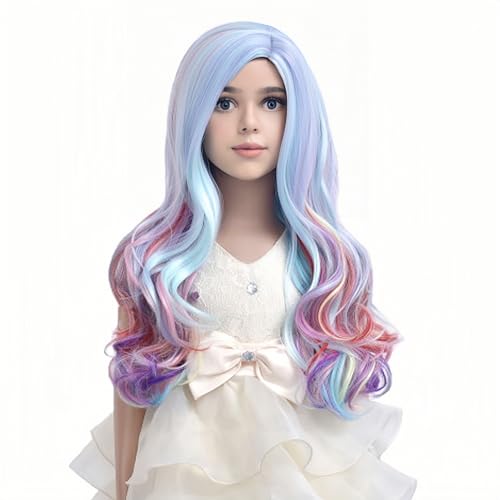 Image of PATTNIUM Child Kids Rainbow Wigs Long Curly Wavy Colorful Wig Multicolor Wig for Girls Synthetic Cosplay Party Halloween Wigs(Rainbow)