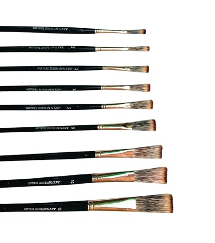 Image of Professional Flat Long Hair Artist Brush Set | Synthetic Nylon Brushes for Calligraphy, Letter Writing, Sign Art, Mural Painting & Long Stroke Detailing | Sizes 1-12, Set of 9