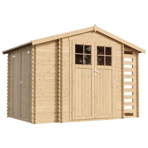 Holzhaus Gartenhaus mit Brennholzschuppen TIMBELA M389F+M389G - mit Boden Imprägnierte B328xL206xH218 cm/ 3,53 + 0,97 + 0,97 m2 Lagerschuppen für Garten - Fahrrad Schuppen - Wasserfestes Dach