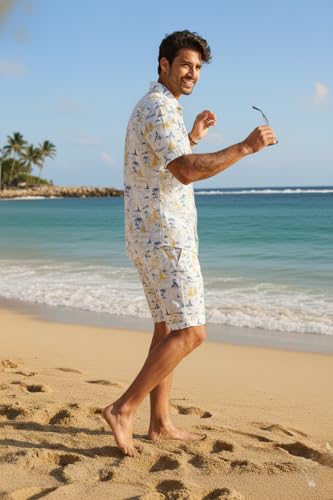 Image of Zilcon Men's Matching Set Summer Beach 2 Piece Outfits Floral and Palms Button Down Shirts and Shorts Goa Vacation Outfits