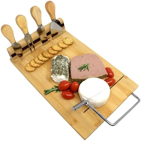 Bamboo Cheese Board with Built-in Cheese Slicer, 4 Cheese Knives, Magnetic Holder, Rectangle Charcuterie Board Elevates Your Serving Game with Stylish Elegance for Cheeses and Crackers