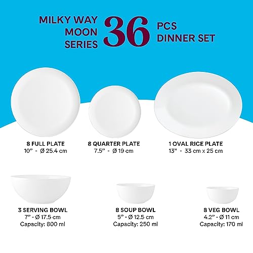 Image of Larah By Borosil Moon Milky Way Dinner Set - 36 Pcs, Opal Glass Dinner Plates & Bowls Crockery Set for Dinning, White
