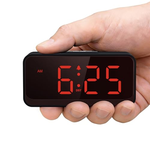 Image of Small Battery Operated Alarm Clock: Long-Lasting Battery Use | Compact Cordless Digital Clock for Bedrooms Desks and Travel - Easy to See with Auto Brightness for Seniors (Red Digits)