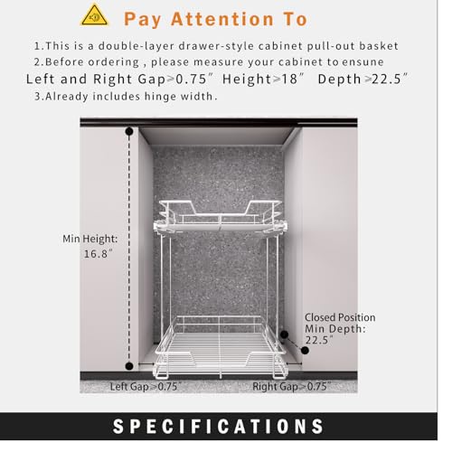 EZKAZA Pull Out Cabinet Organizer 7.5" W x 21" D, 2-Tier Kitchen Cabinet Pullout Shelf and Drawer Organizer Slide Out Pantry Storage Basket, 6.2" W x 21" D x 2.4" H for Bottom Basket Size - Image 5