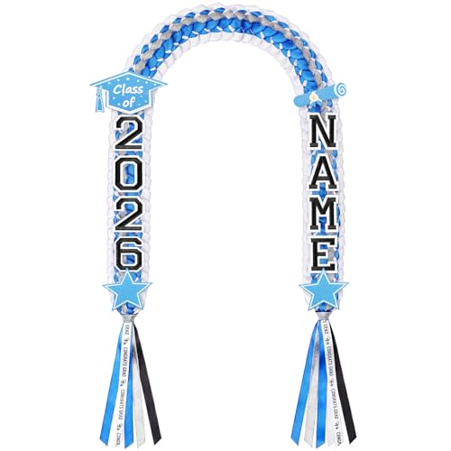 Juexica Graduation Lei Class of 2026, Graduation Ribbon Money Lei Personalized DIY Name Braided Necklace for Women Men Congrat Grad Party Gift Accessories(Blue and White,2 Sets) by Juexica - Used condition - US$18.42