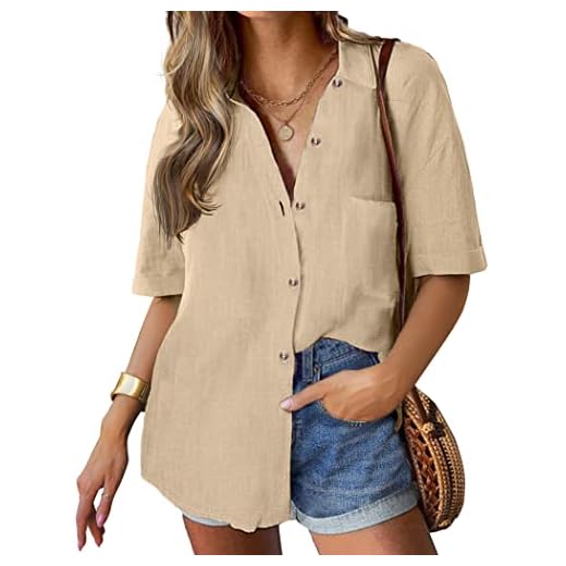 Hotouch Button Up Shirt Women Casual Cotton Linen Shirts Plus Size Pocket Button Down Blouse Business Casual Khaki XL