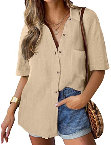 HOTOUCH Linen Shirts for Women Button Down Shirt Cotton Short Sleeve Collared Loose Fit Blouse Drop Shoulder Casual Tops