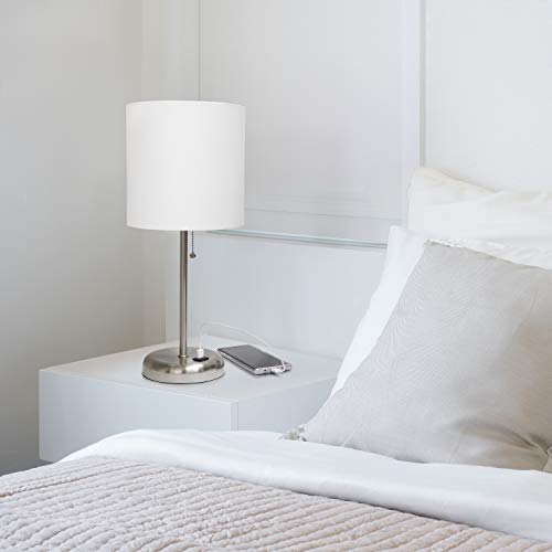Limelights Lt2044-Wht Stick Usb Charging Port And Fabric Shade Table Lamp, Brushed Steel/White #TOP6
