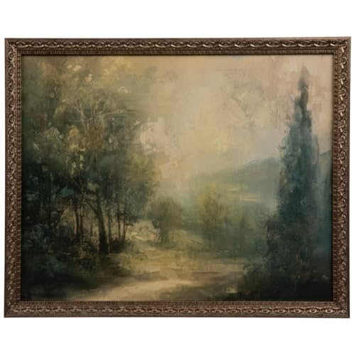 Hobby Lobby Morning Mist Forest Wall Art with Gold Frame, 17.5x21.5 Inches, Green and Beige Tones Dark Academia Vintage Moody Forest Scene
