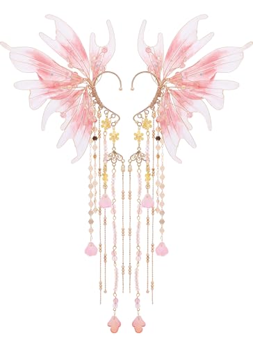FRESHME Mermaid Fairy Ear Cuffs - Pink Elf Ear Cuffs No Piercing Elven Ear Climbers with Seashell Tassel Auricular Fins Earring Renaissance Renfaire Cosplay Mermaid Costume Accessories